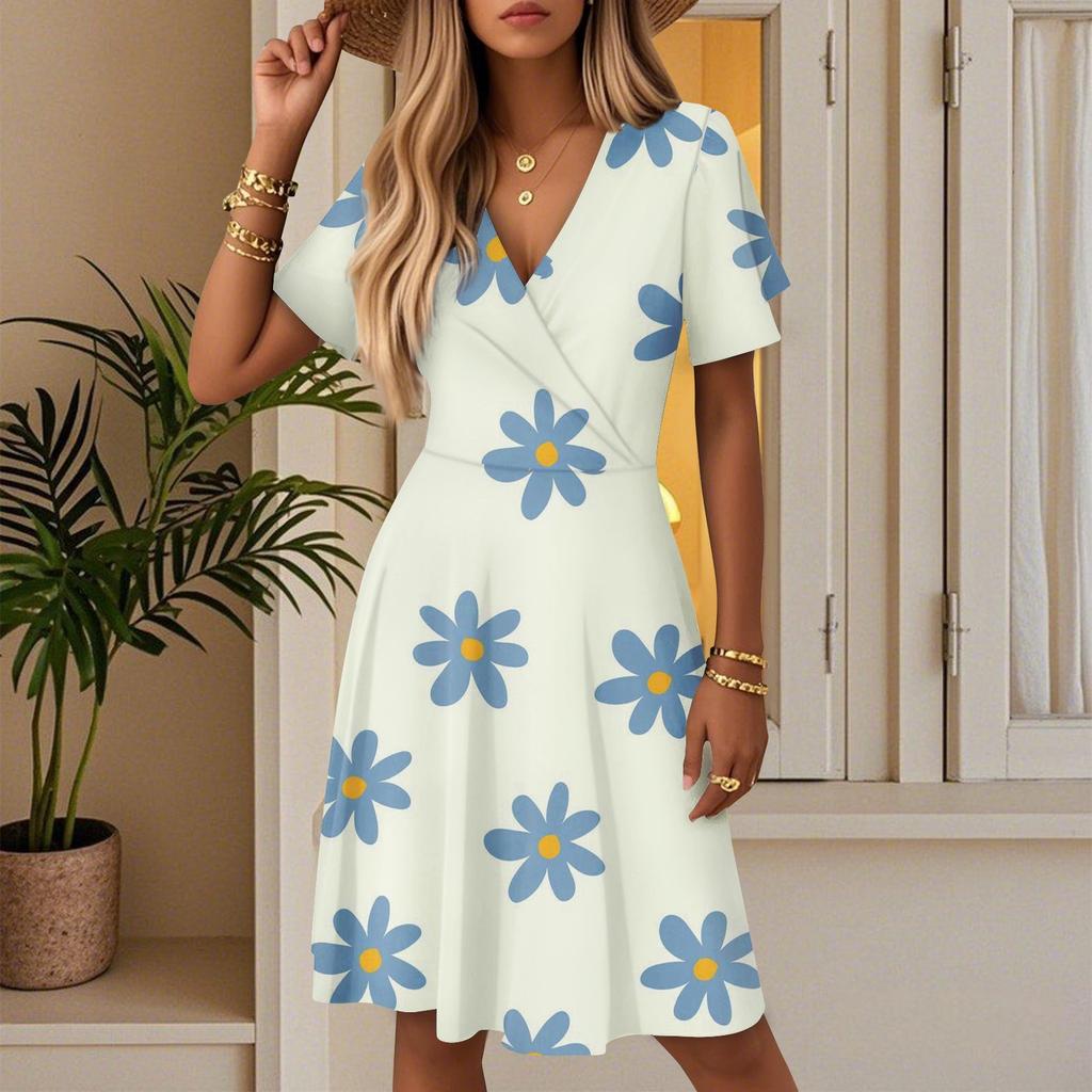 Damen Sommer Mode Blumenmuster Kleid Lässig Strand A-Linie V-Ausschnitt Lockeres Sommerkleid