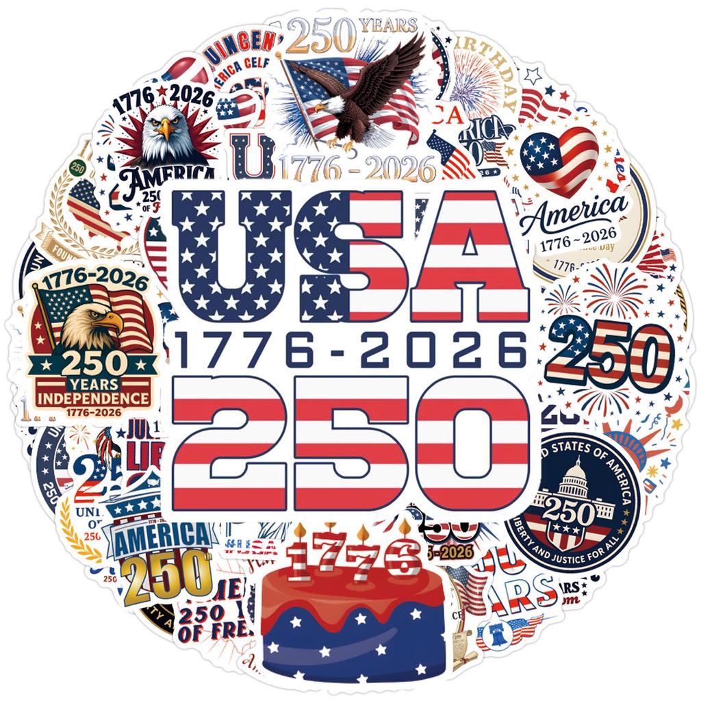 USA 250th Anniversary Stickers: 55 Sheets for Water Cups & Skateboards