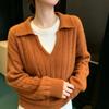 100% Pure Wool Color Block Lapel Korean Style Pullover Knitwear - Women's Autumn Winter Loose Cable Knit Sweater