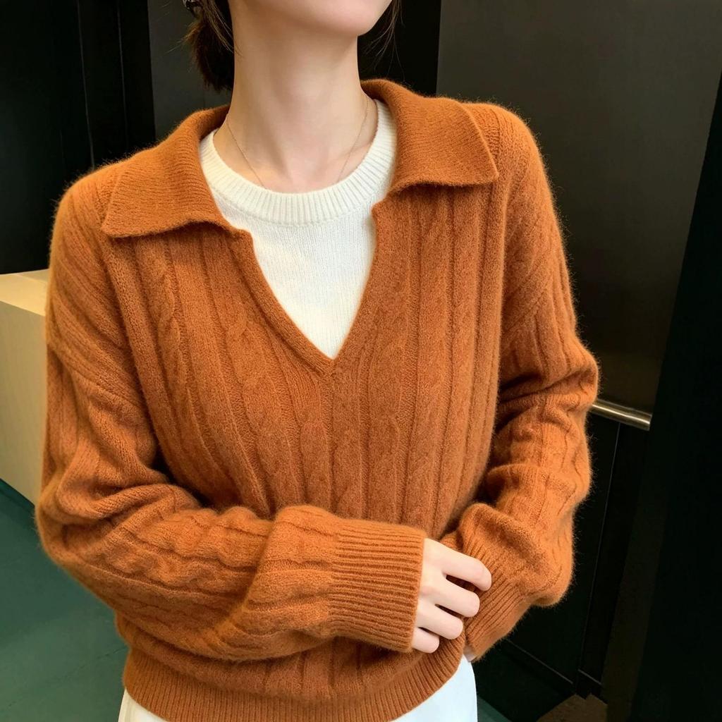 100% Pure Wool Color Block Lapel Korean Style Pullover Knitwear - Women's Autumn Winter Loose Cable Knit Sweater