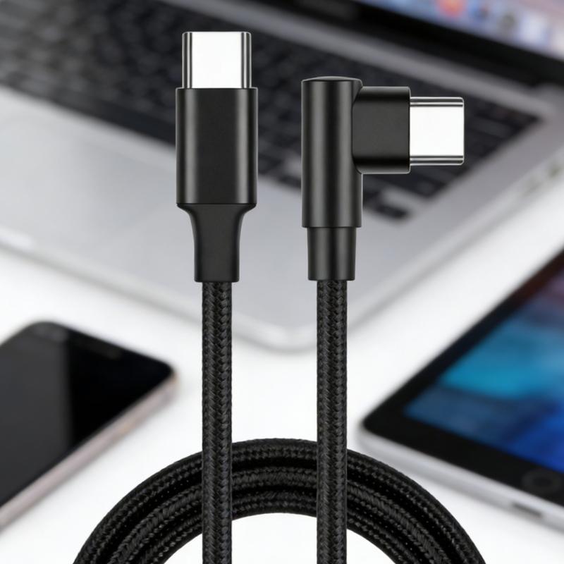60W USB C To USB C Fast Charging Cable 480Mbps Data Transfer Nylon Braided Right Angle Type C Cable For Phone Laptop Tablet