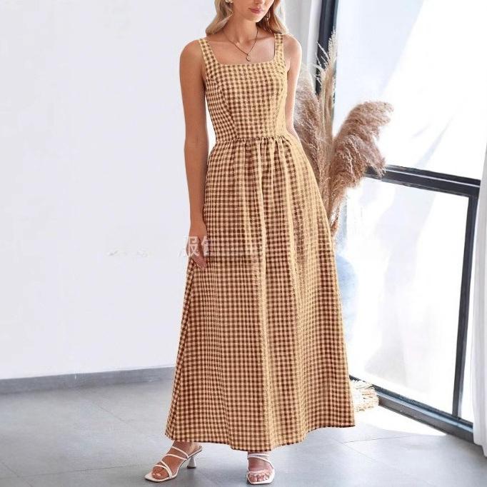 VEZFAA Abiti casual a vita alta con colletto quadrato senza maniche con stampa scozzese primaverile alla moda da donna