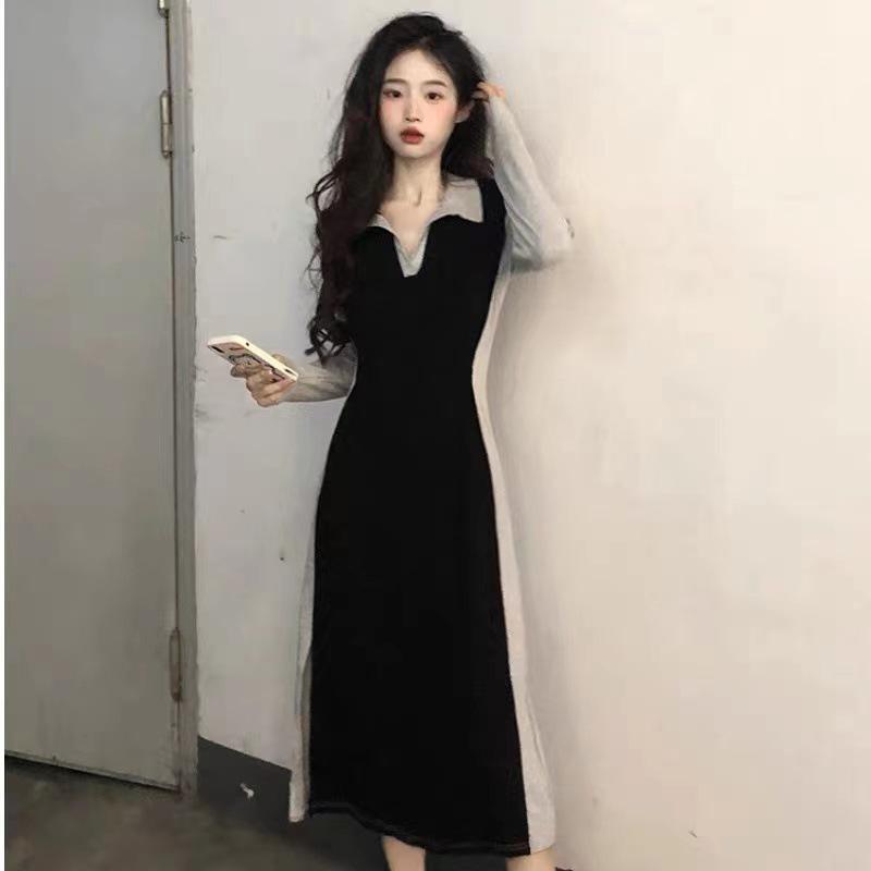 2025 Autumn Korean Style Color Block Polo Collar Waist-Cinched Slimming Long Sleeve Mid-Length Dress XL
