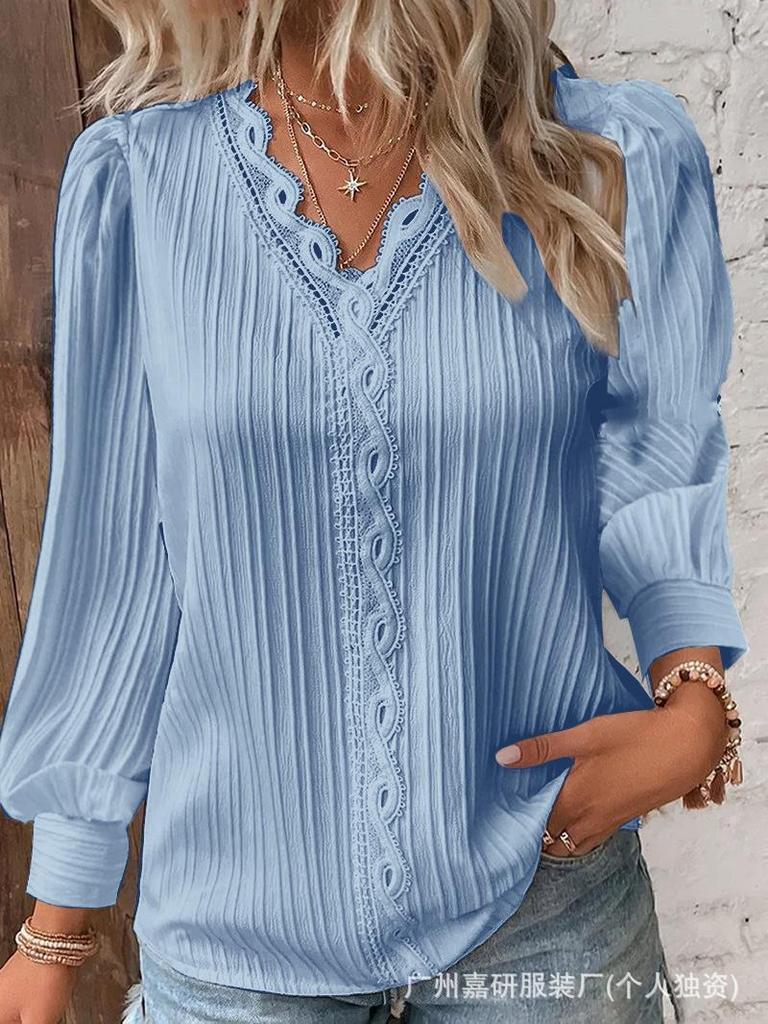 Women's V-Neck Long Sleeve Top with Lace Trim and Puff Sleeves