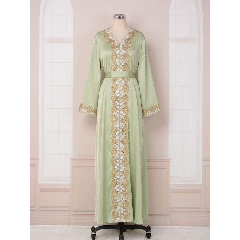 Magic Queen Djellaba Ins Elegant New Arrival Women's Hot Rhinestone Long Sleeves V-neck Swing Dress Dress