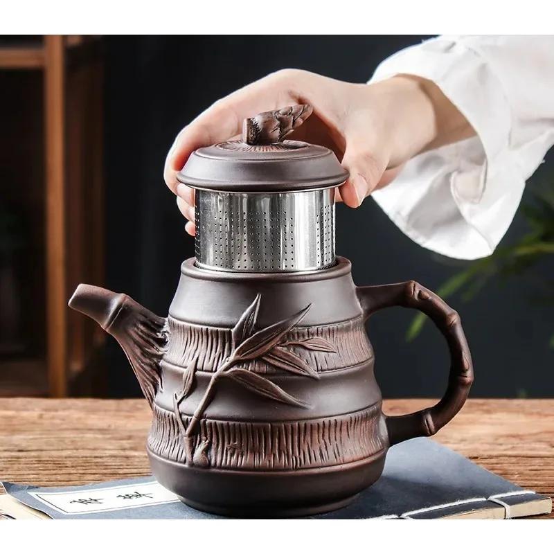 Tetera de arena púrpura Yixing, tetera de bambú de primavera de gran capacidad con filtro de acero inoxidable, tetera de barro rojo, juego de té grande de kung fu