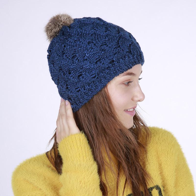 Lady Handmade Knitted Hat Double Layer Fan-Shaped Knitting Pompom Hat Hood Rabbit Hair Ball Woolen Warm Hood Warm Cap  B-8470