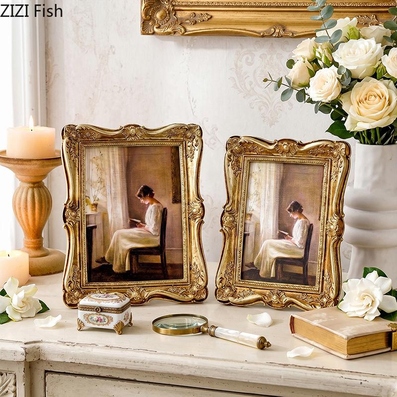 European Retro Floral Border Photo Frames Golden Picture Frame Bedside Table Wedding Anniversary Photo Frame Desk Decoration