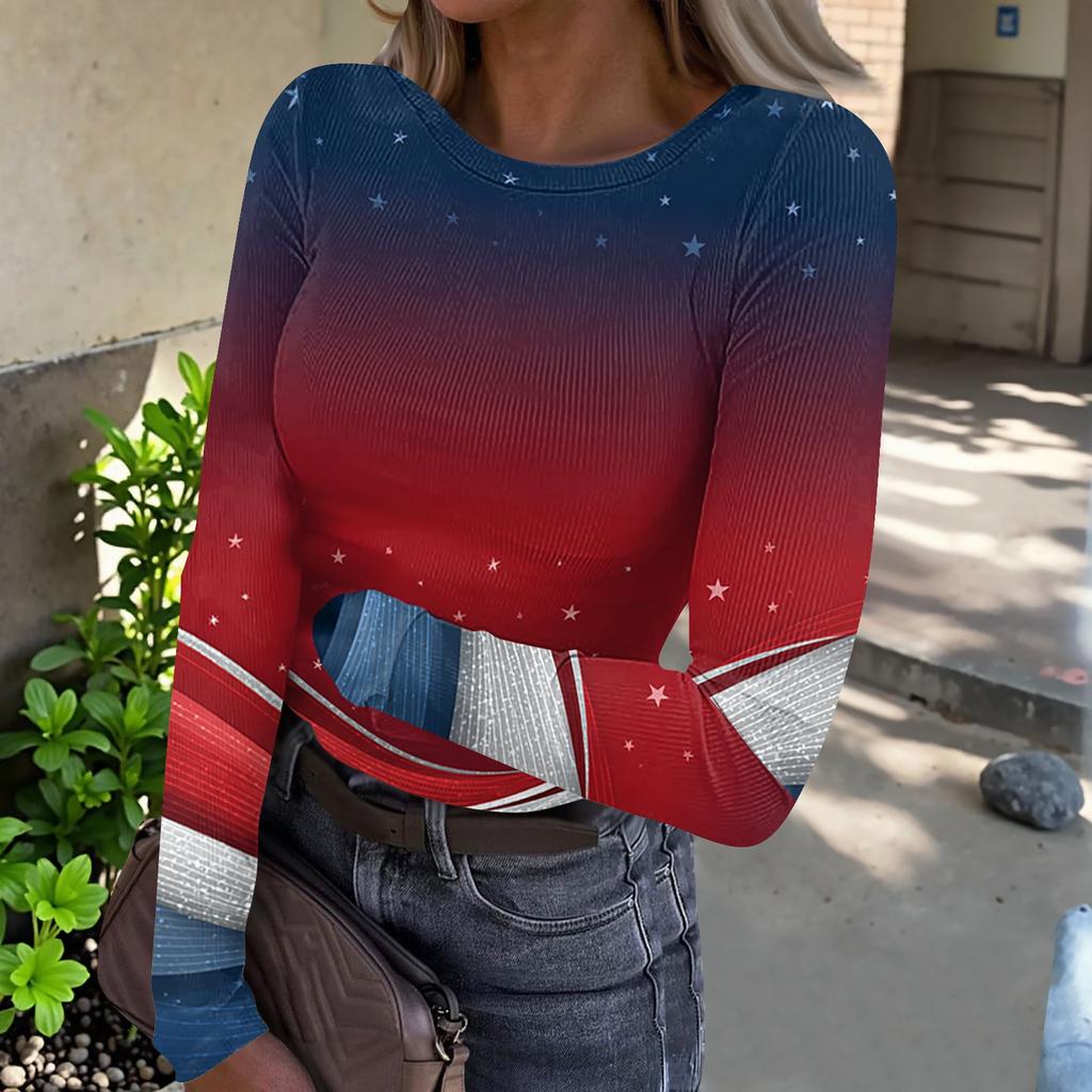 Damen Freizeit Langarm Rippstrick Oberteil Rundhals Pullover Amerikanische Flagge Print Leicht Dehnbares Shirt für den Alltag
