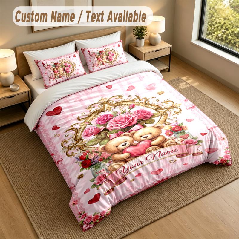 Bear Panda Theme Personalized 3Pcs Bedding Set Custom Text & Name 1 Sheet 2 Pillowcases Household Bedding 1pc