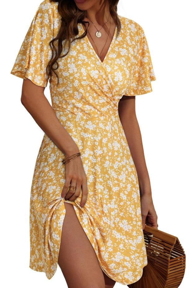 Summer Floral Short Sleeve Wrap V-Neck A Line Midi Dress