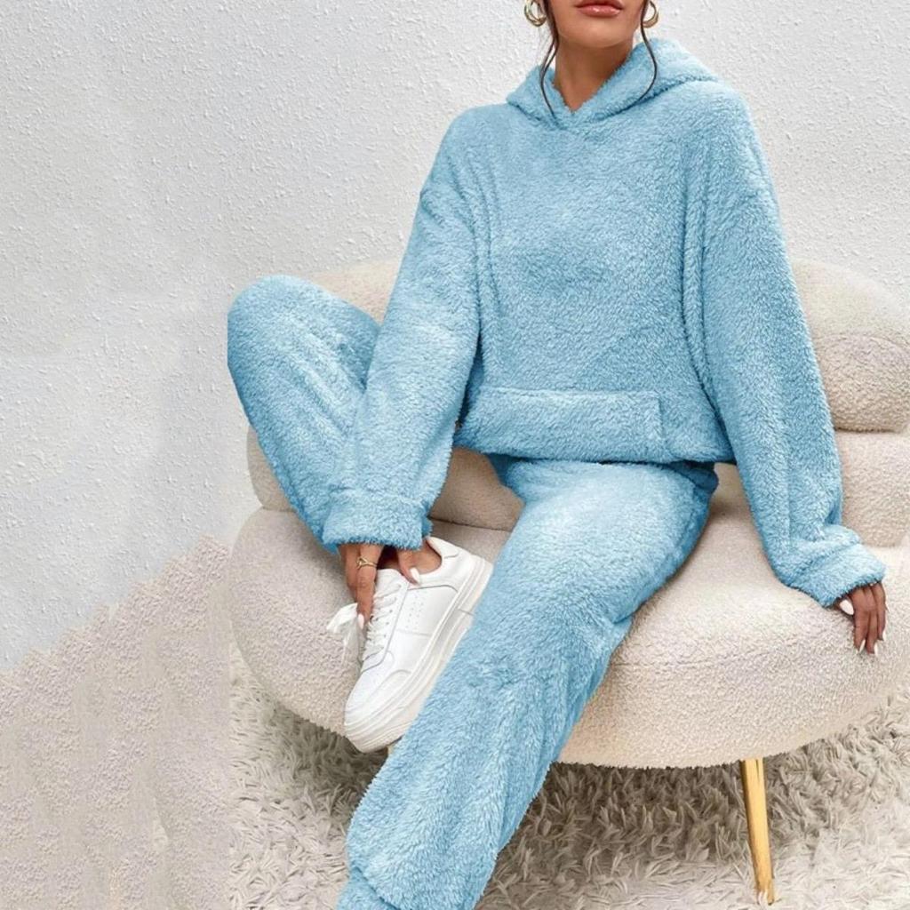 Abbigliamento da donna autunnale e invernale a tinta unita, set due pezzi casual da casa con felpa con cappuccio a maniche lunghe, tasca applicata e pantaloni