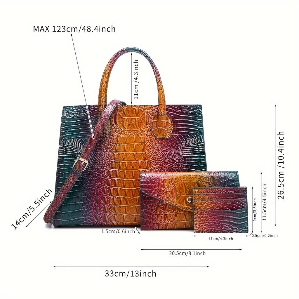 3 Pcs Crocodile Pattern Handbag & Purses Set, Multi-functional Vintage Top Handle Crossbody Bag & Business Clutch Bag & Card Coin Purse