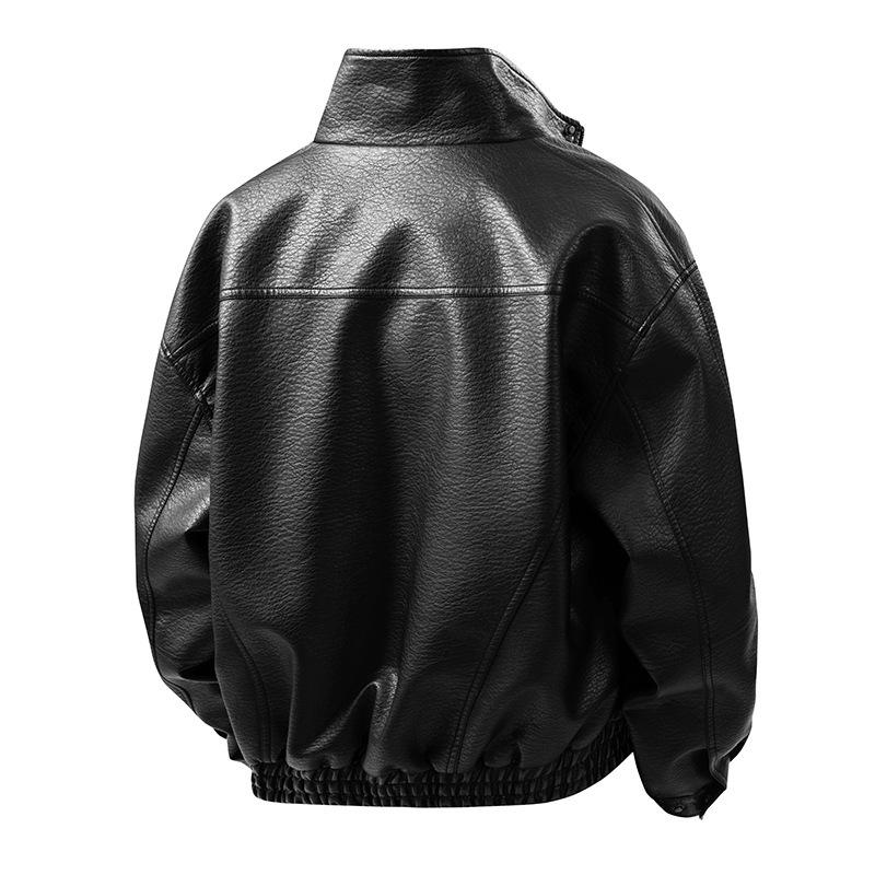Mens Pu Leather Jacket Stand Collar Loose Retro Motorcycle Casual Outerwear