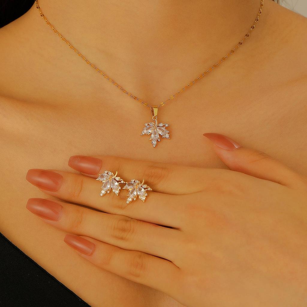 Copper Zirconia Leaf Necklace & Earring Set - Elegant Maple Design for Banquets