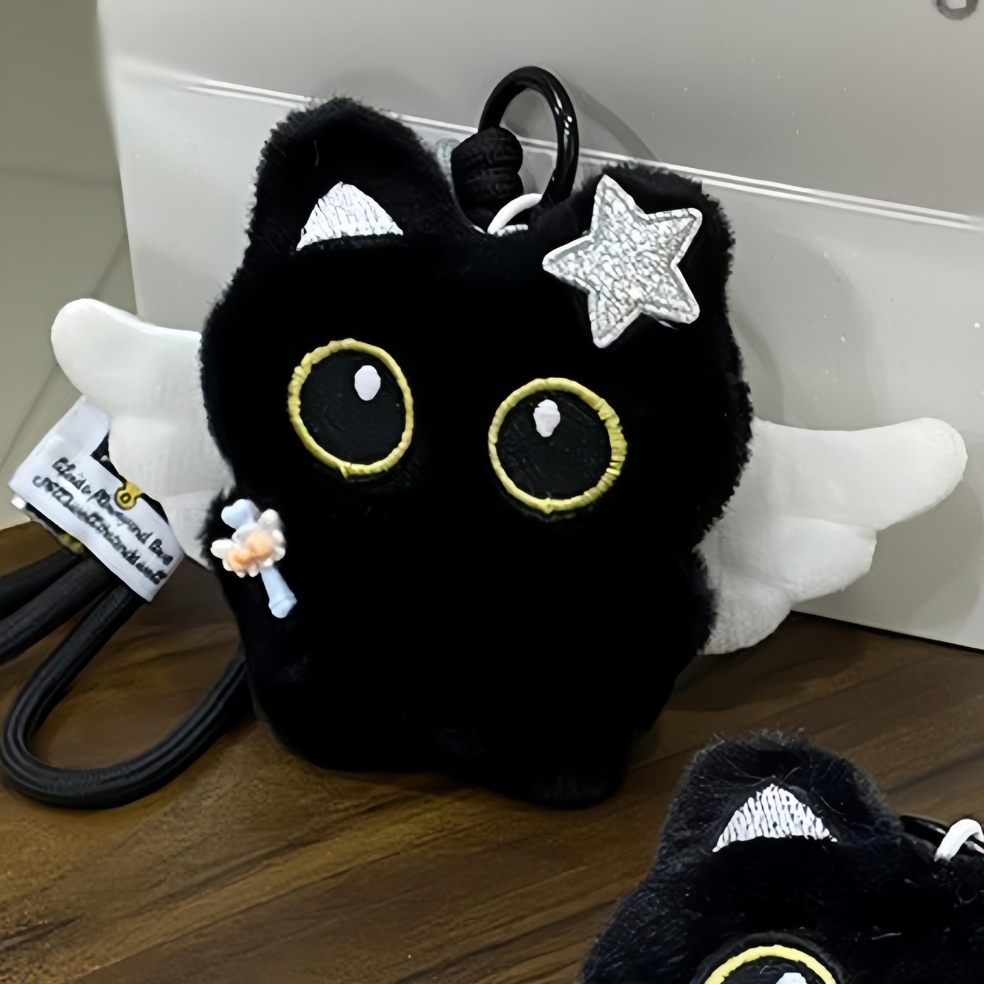 Angel Fairy Black Cat Plush Keychain with Scarf – Cute Squeaky Hugging Fish Figure Beaded Chain Squeaky