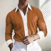 Yousheng Men Shirt Long Sleeve Lapel Design Shirt Tops with Buttons Placket Striped Print Patchwork Color Work Shirt