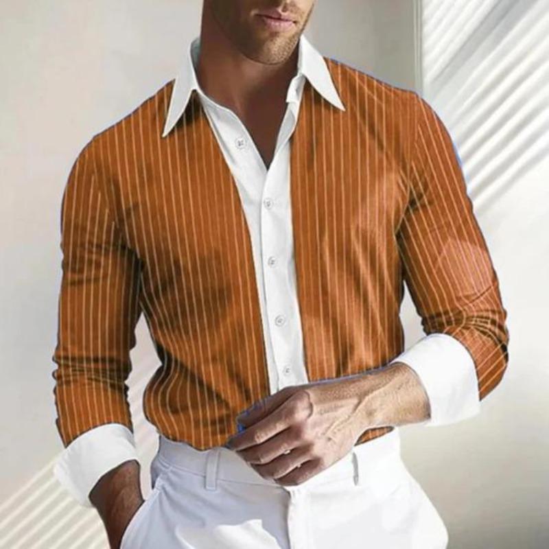 Yousheng Men Shirt Long Sleeve Lapel Design Shirt Tops with Buttons Placket Striped Print Patchwork Color Work Shirt