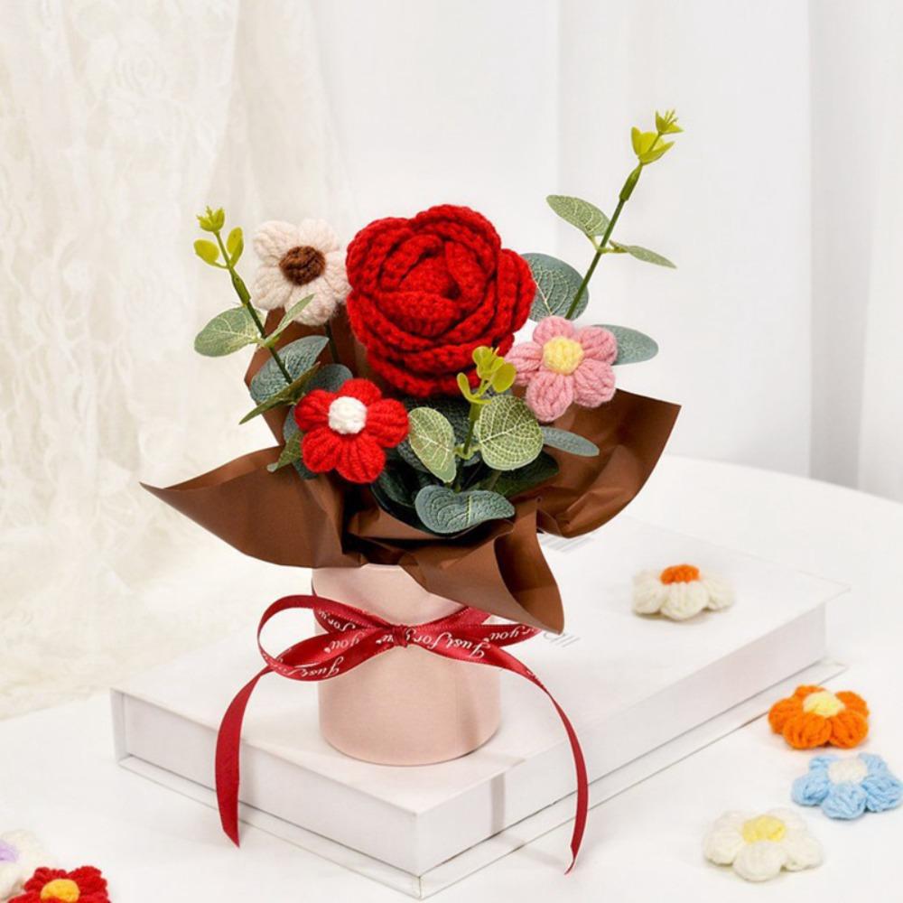 Handmade Knitted Flower Eternal Flower Valentine's Day Gifts Bouquet Crochet Rose Teacher’ Day Gifts Desk Decoration