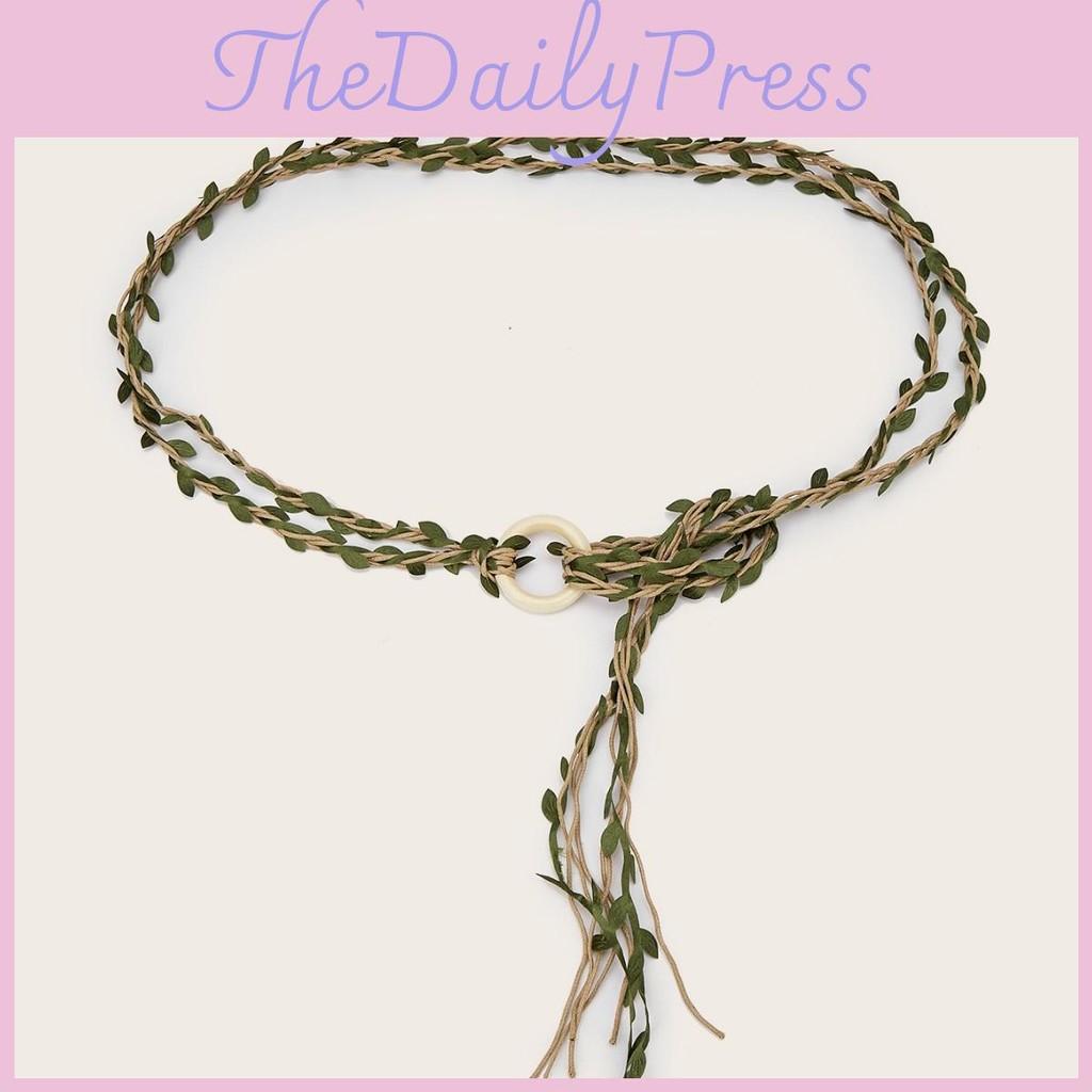 Creative Circular Wooden Buckle Decoration Leaf Branch Design Women Weaving Belt