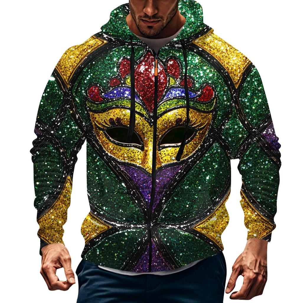 Men's Sports Casual Fleece Hoodie Carnival Print Hoodie Cardigan Zipper Multi-pocket Hoodie Coat