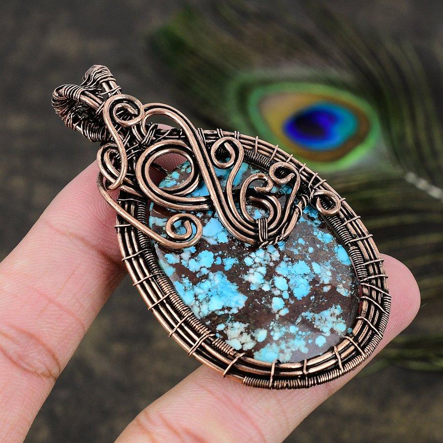 Tibetan Turquoise Gemstone Copper Wire Wrap Jewelry Pendant 2.96