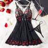 New Transparent Sexy Red Lips Love Print Lace Women's Strap Dress Deep V Bow Corset Sleeping Skirt Set Erotic Babydolls Lingerie