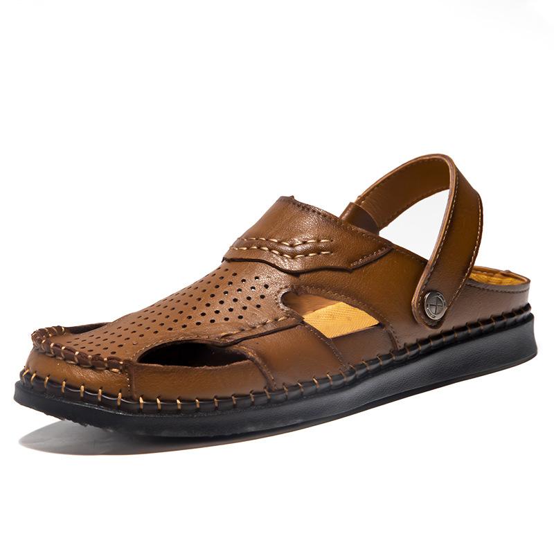 

Летние сандалии мужские кожаные ручной работы подошвы прохладные шлепанцы легкие два способа носки одна педаль уличные большого размера пляжная обувь мужская 45 коричневый