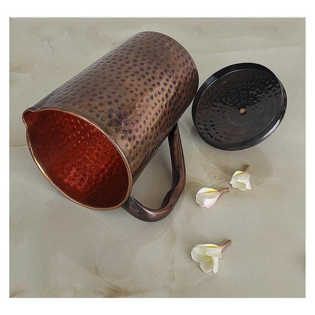 Pure Copper Drinkware Gift Set of 1 Jug & 6 Glass with Gift Box & Antique , Gifting Item for Diwali, Bithday & Parties, Jug-1.5 Litre & Glass-300 ML