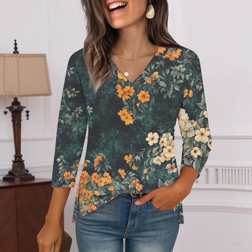 3/4 Sleeve Shirts For Women  Print Graphic Tees Blouses Casual Plus Size Basic Tops Pullover