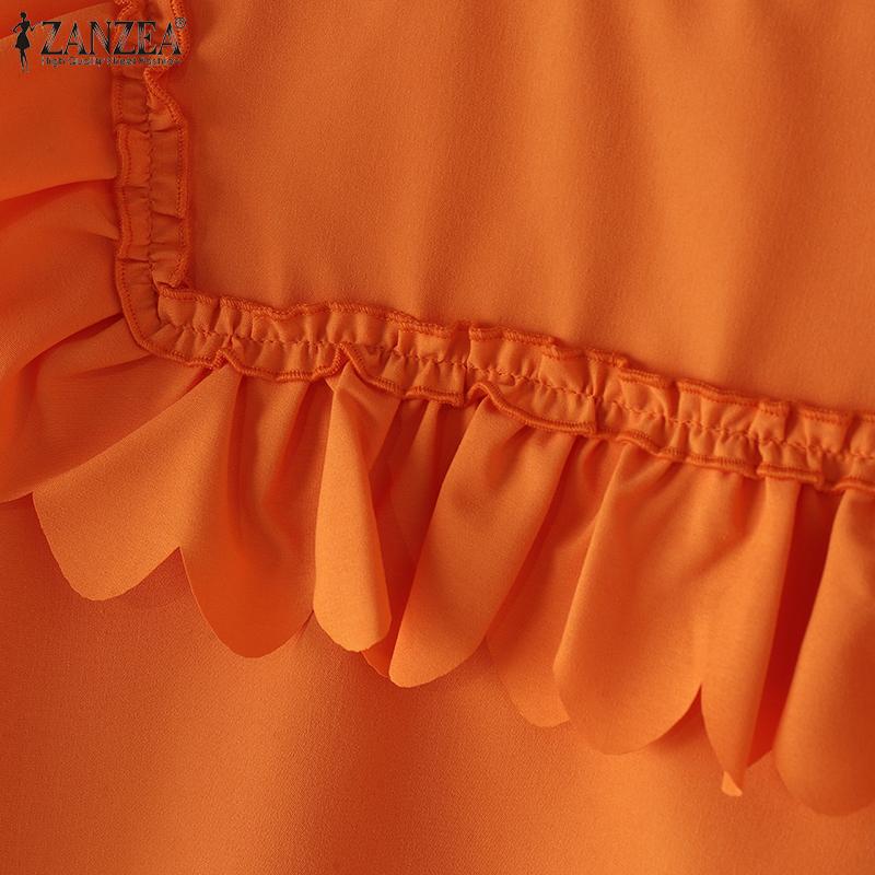 ZANZEA Women Summer Fashion Round Neck Wave Edge Lantern Short Sleeve Blouses