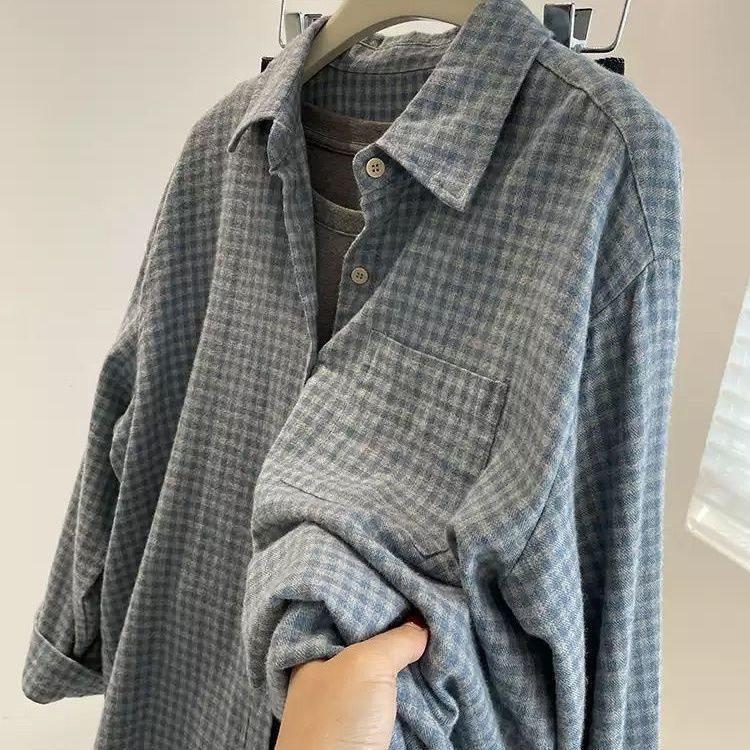 Damen Retro Blau Kariert Locker Langarm Bluse Jacke - Perfekt für Frühling & Herbst