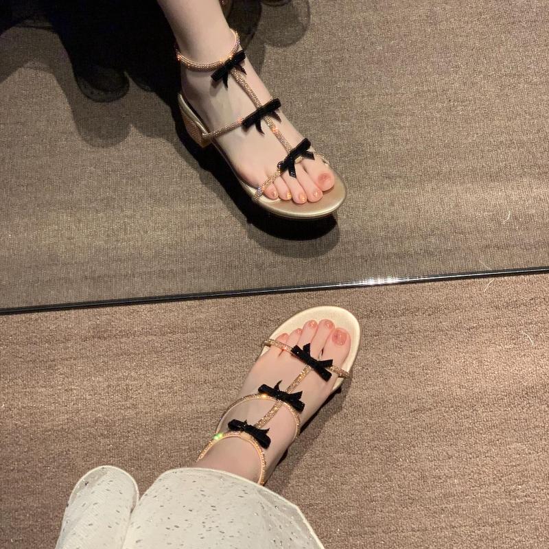 Fashion Luxury Bowknot Thick Heel Sandals Women Elegant Ankle Strap Party Shoes Woman 2025 Med Heels Gladiator Sandalias Mujer