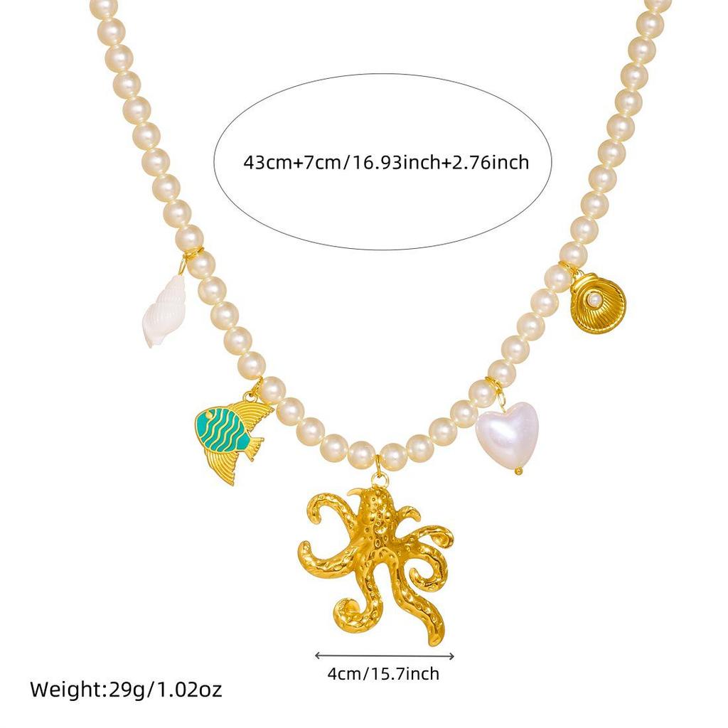 Fashion Stainless Steel Faux Pearl Pendant Necklace with Cherry and Starfish Design for Women
