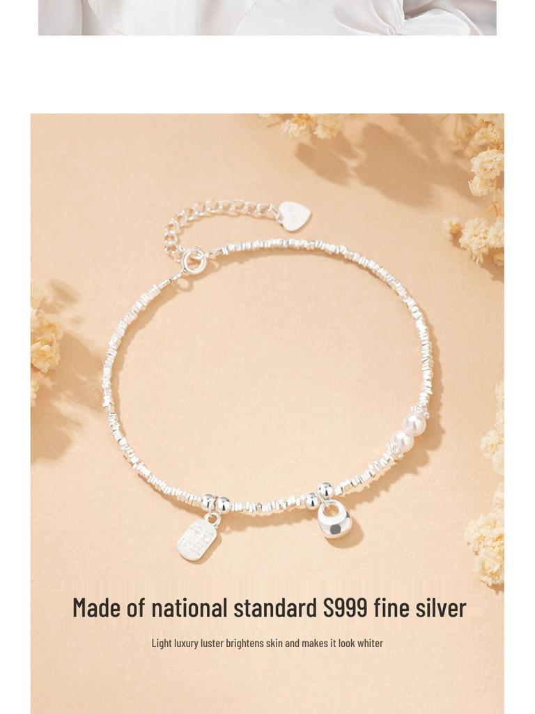 Pearl Crushed Silver Fu Fu Sterling Silver Ingot Bracelet: Exquisite High-End Beaded Bracelet, Ideal Birthday Gift