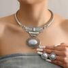2 PCS Fashion Imitation Turquoise Jewelry Set European American Vintage Style Necklace Earrings Ethnic Teardrop Short Necklace