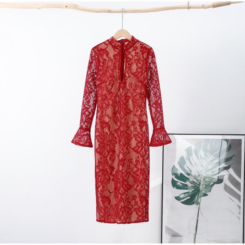 

Сексуальное жаккардовое кружевное женское платье с вырезом-стойкой, воротником-стойкой, расклешенными рукавами, женские вечерние платья 2025 года, весенне-летние женские халаты L кларет