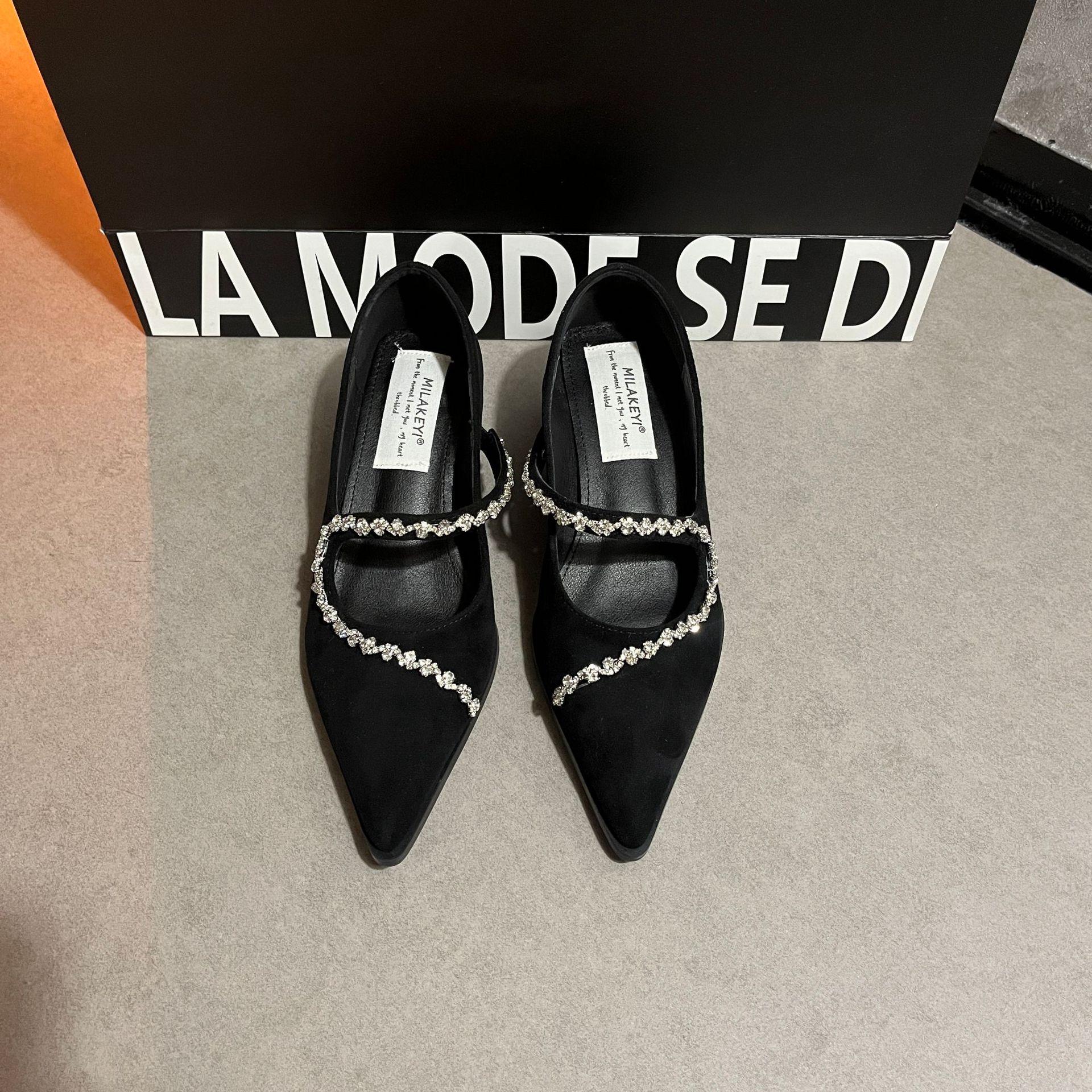 

2025 French Mary Jane shoes high heel thick heel rhinestone single shoes with not tired feet pointed fairy skirt shoes cat heel 40 чёрный