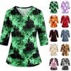 Womens Halloween Print V Neck Nurse Tunic Top with Pockets Side Slits and Three Quarter Sleeves Medical Uniform Shirt