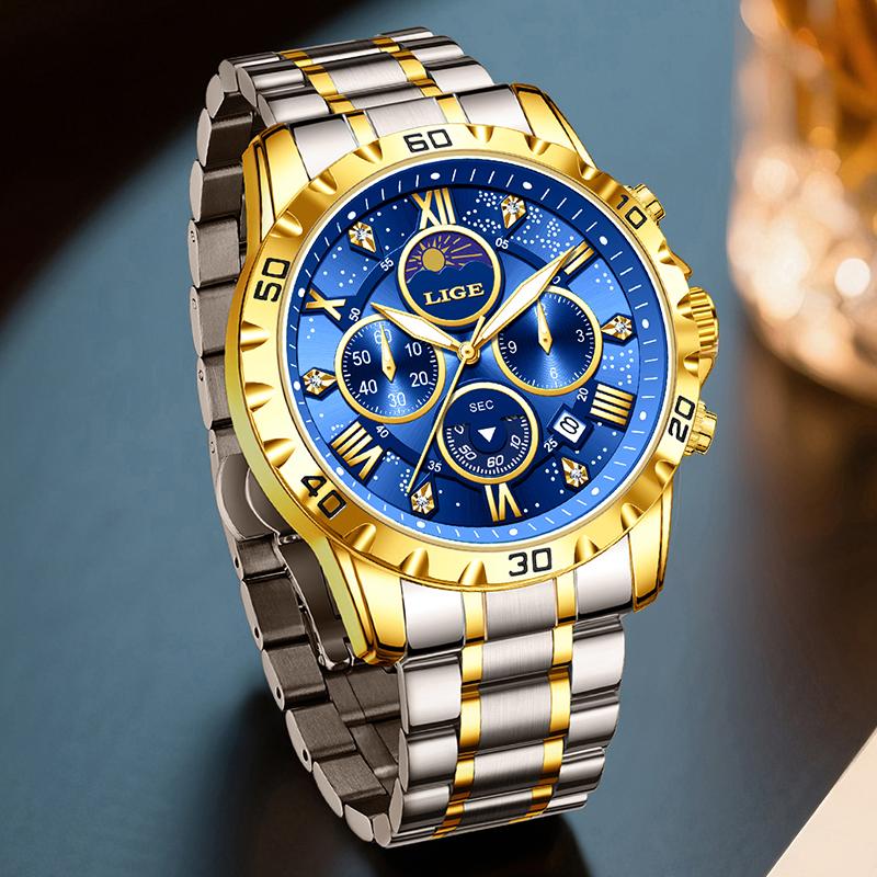 LIGE Top Brand Luxury Watches Men Fashion Multifunction Quartz Wristwatches 30M Waterproof Luminous Steel Mens Watch Reloj