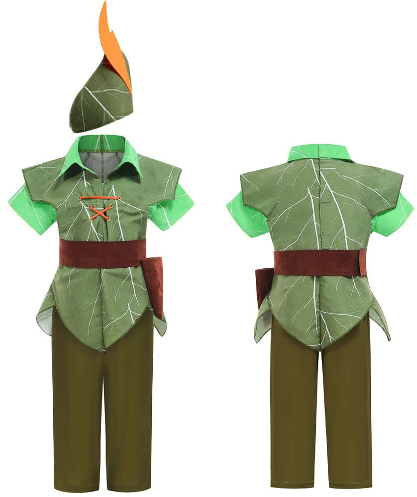 [SCLYX] Fantasy Boy Cosplay Costume 4-Piece Set for Boys - Cool and Cute Fantasy Boy Kids Costume, Green with Hat, Halloween Costume, Kids Costume, Bo