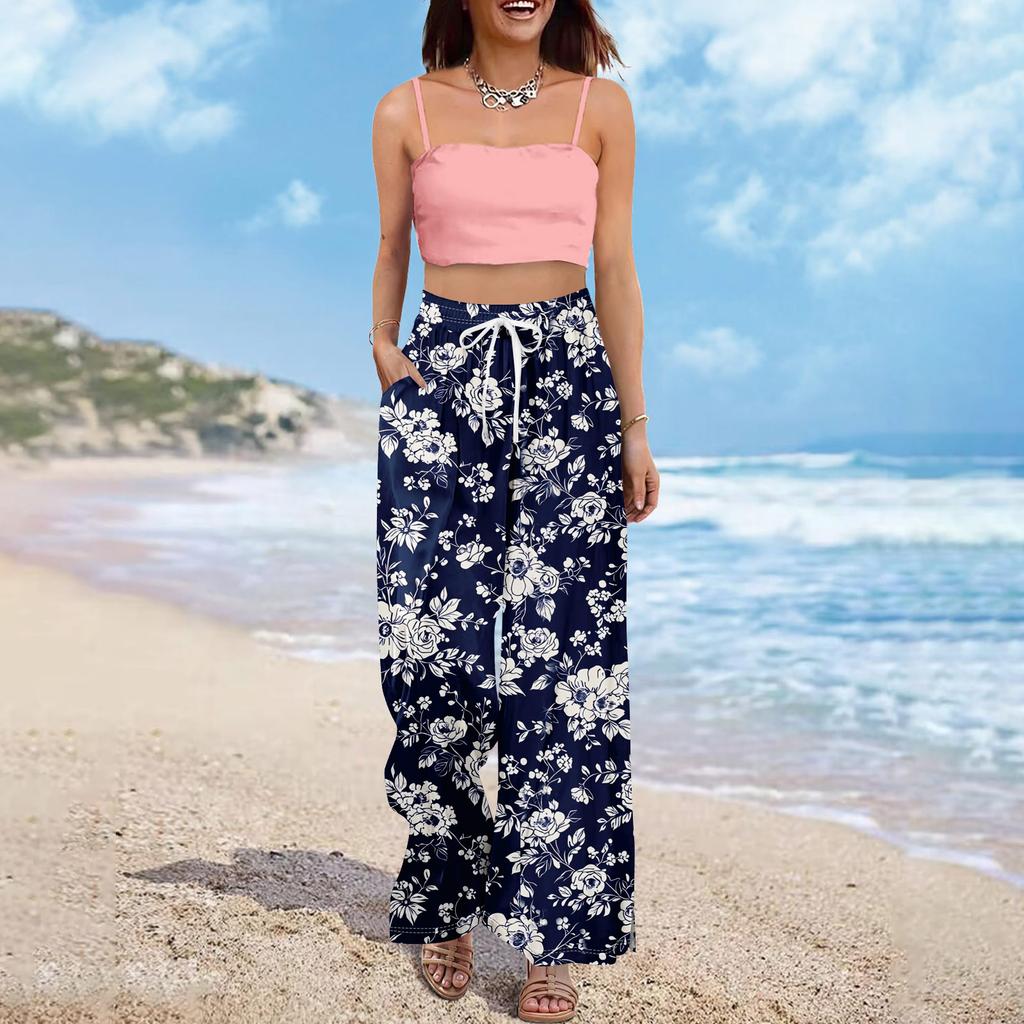 Damen Sommer Boho Palazzo Hose Hohe Taille Weites Bein Blumendruck Freizeithose Mit Taschen