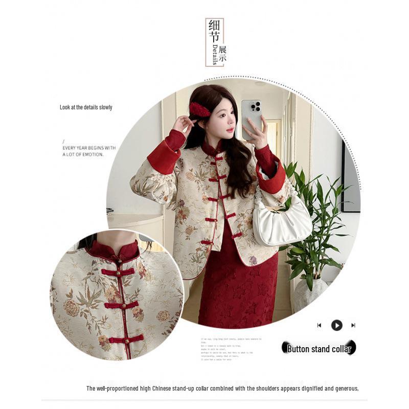 2025 Autumn/Winter High-End Maternity Jacquard Qipao Jacket & Dress Set Medium