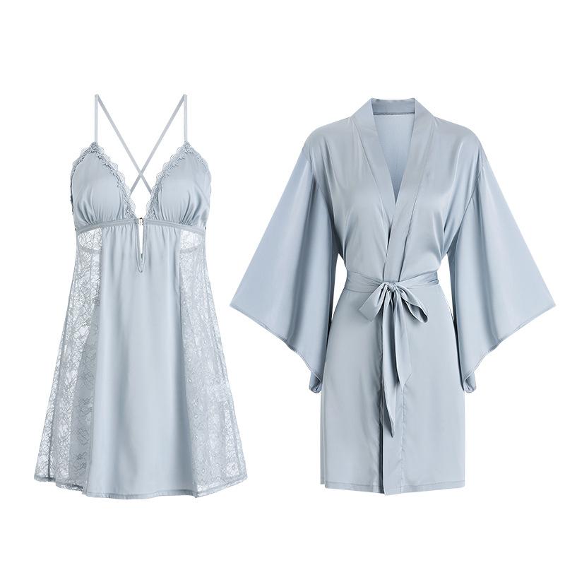 Women's Plus Size Lace Push Up Padded Backless Cami Sleep Dress with Robe Lounge Set
