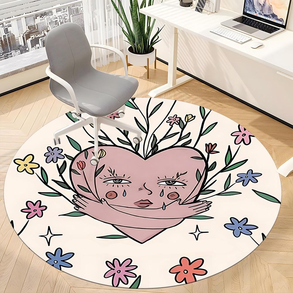 1pc Heart Flowers Office Round Area Rug,  Mat Suitable For Office, Under Office Chairs Bedroom Living Room Home Decor, Room Deco