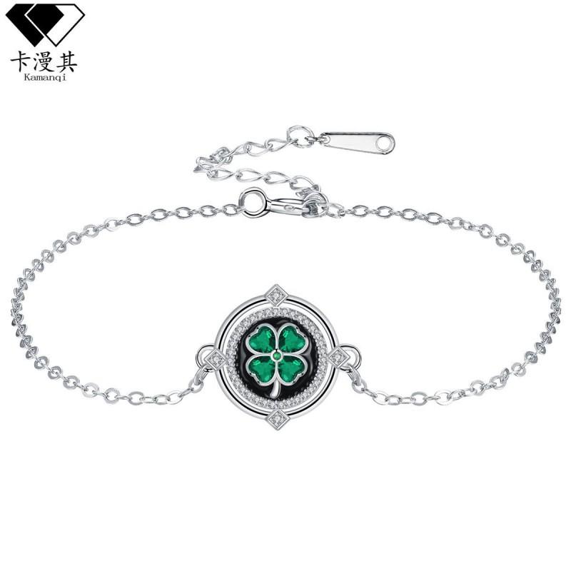 KBB-64 Minimalist Vintage Clover Bracelet Women With Green Crystal Accents Copper Plated Jewelry Green