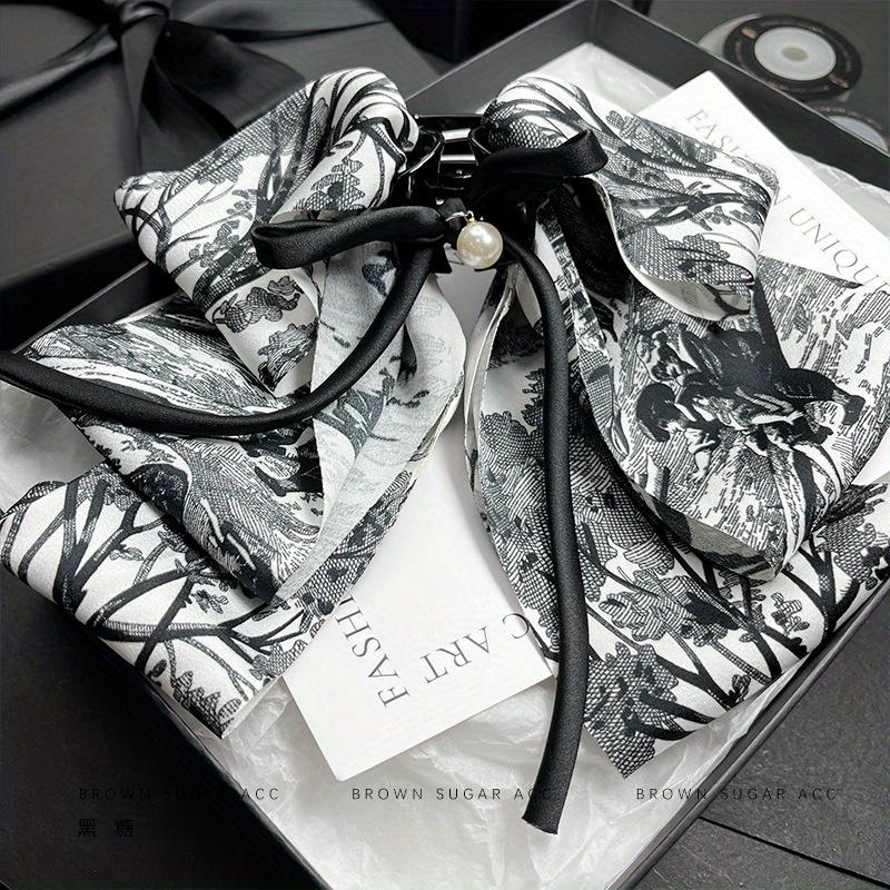 New Handmade Blue Willow Hair Claw Clip Layered Bow Chinese Ink Print Shark Clip with Silk Ribbon Vintage Hair Accessories Women