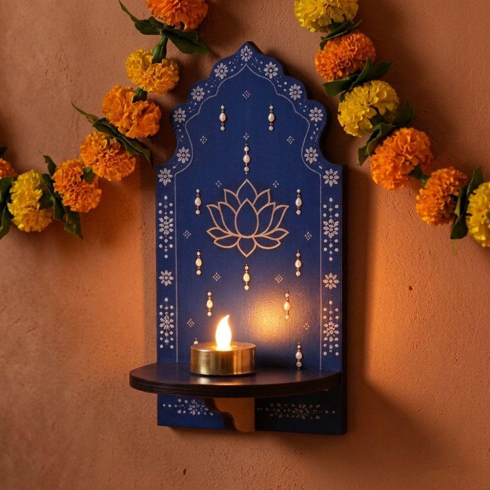 Meditation Wood Indian Wall Candle Holder Hand Painted Diwali Candle Stand  Yoga Room