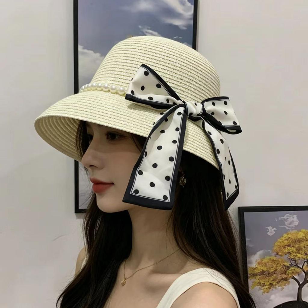 French Polka Dot Pearl Straw Hat Women's Summer Sun Protection Hat Seaside Vacation Beach Hat Straw Sun Hat Self-operated