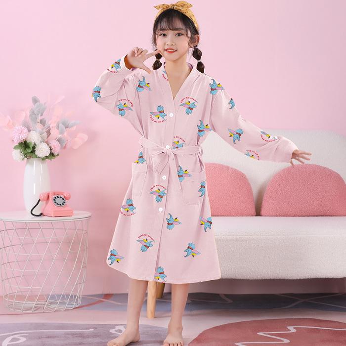 Girls' Combed Cotton Long-Sleeve Pajama Robe - Spring/Summer Bathrobe for Kids, Cute Sleepwear for Middle and Big Girls